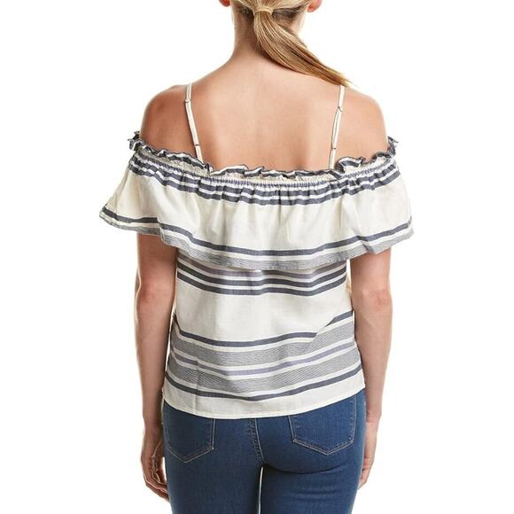 Splendid Womens Small Off-the-Shoulder Ruffle Overlay Blue/Off-White Striped Top - Picture 2 of 7
